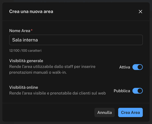 Finestra Crea una nuova area con il nome Sala interna, gli interruttori Visibilità generale Attiva e Visibilità online Pubblica e i pulsanti Annulla e Crea Area