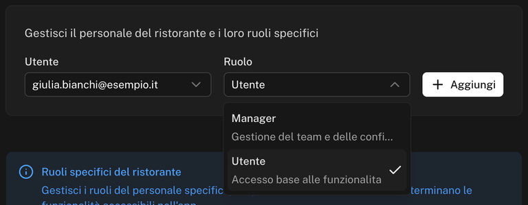 Riquadro in cima alla scheda Staff con i campi Utente e Ruolo, il menu Ruolo aperto con le scelte Manager e Utente e il pulsante Aggiungi