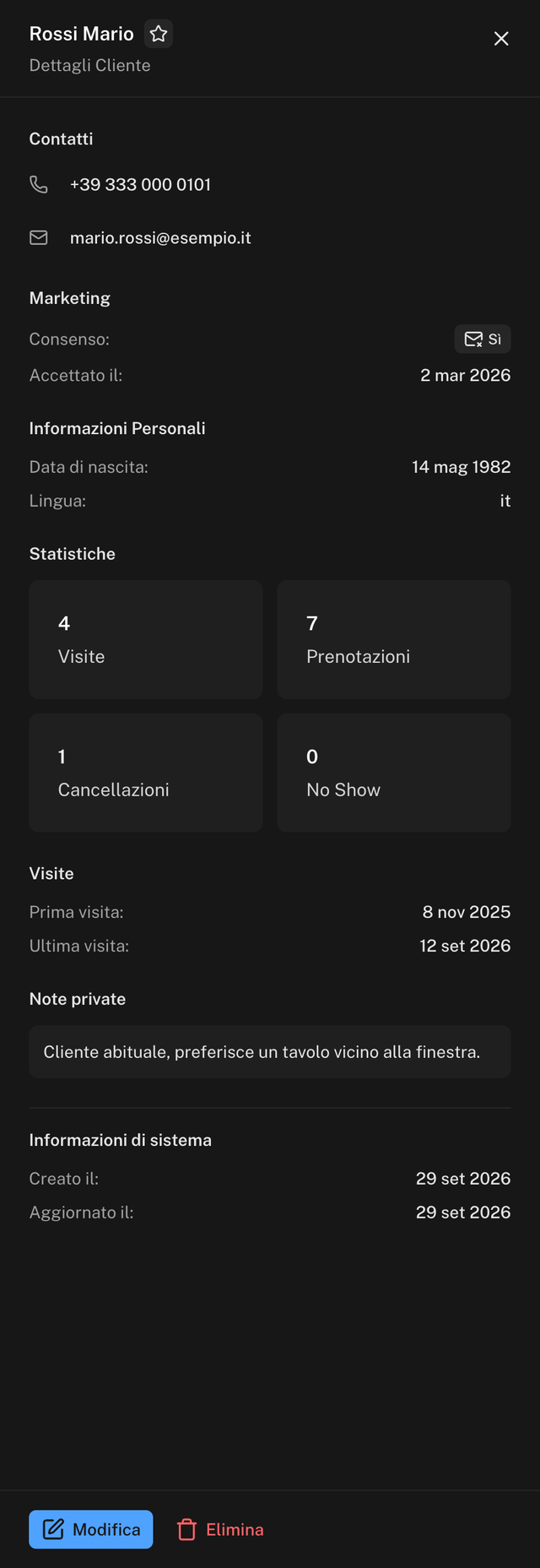 Scheda Dettagli Cliente con il nome nel formato Cognome Nome e l'icona VIP, contatti, marketing, statistiche, visite e note private, con i pulsanti Modifica ed Elimina in fondo