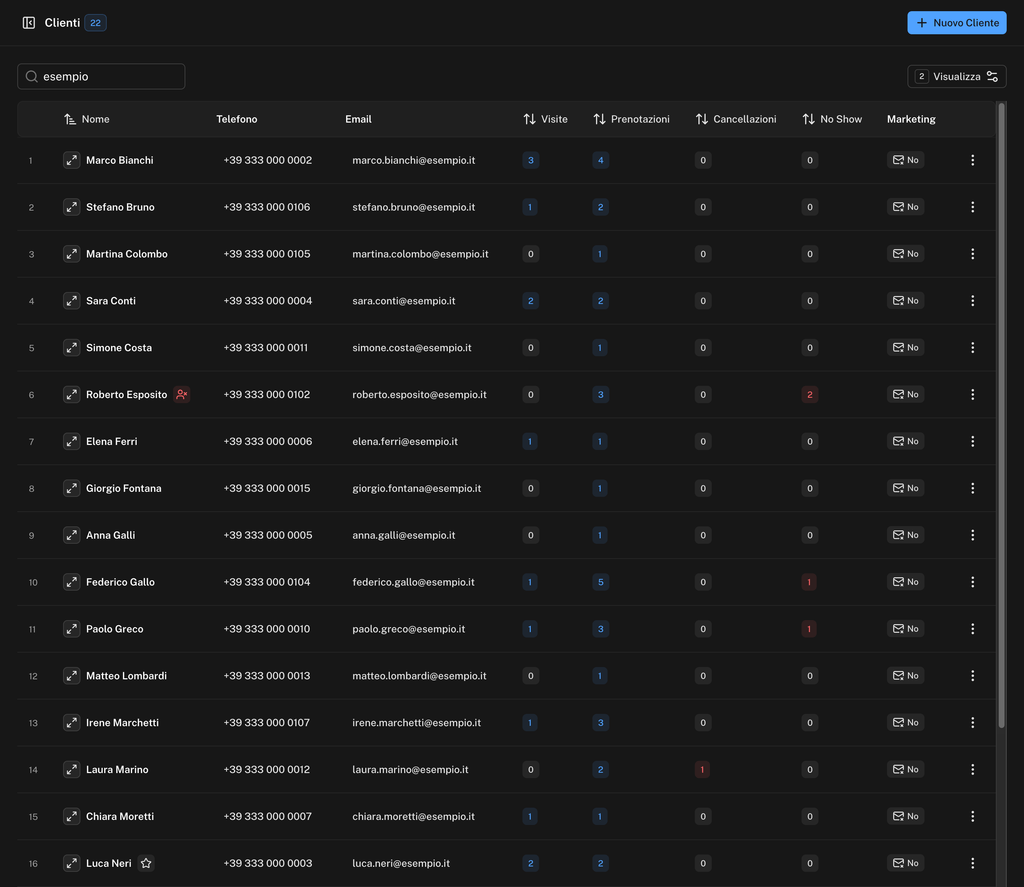Pagina Clienti con la ricerca, il pulsante Nuovo Cliente e la tabella dei clienti. Accanto al nome, VIP e Blacklist compaiono come icone: una stella per i VIP e un'icona rossa per chi è in blacklist