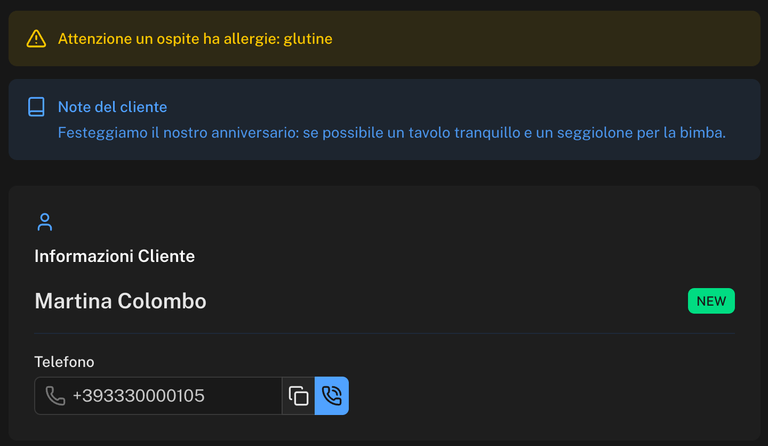 Dettaglio della richiesta con l'avviso allergie, le note del cliente e il riquadro Informazioni Cliente