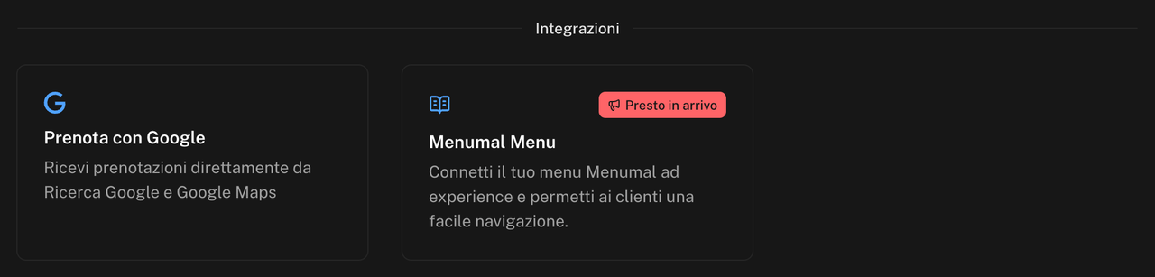 Card Prenota con Google nel gruppo Integrazioni della pagina App