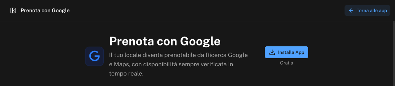 Intestazione della pagina Prenota con Google con il pulsante Installa App e la scritta Gratis