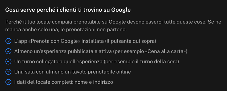 Sezione Cosa serve perché i clienti ti trovino su Google con la lista dei cinque requisiti, ciascuno con una spunta