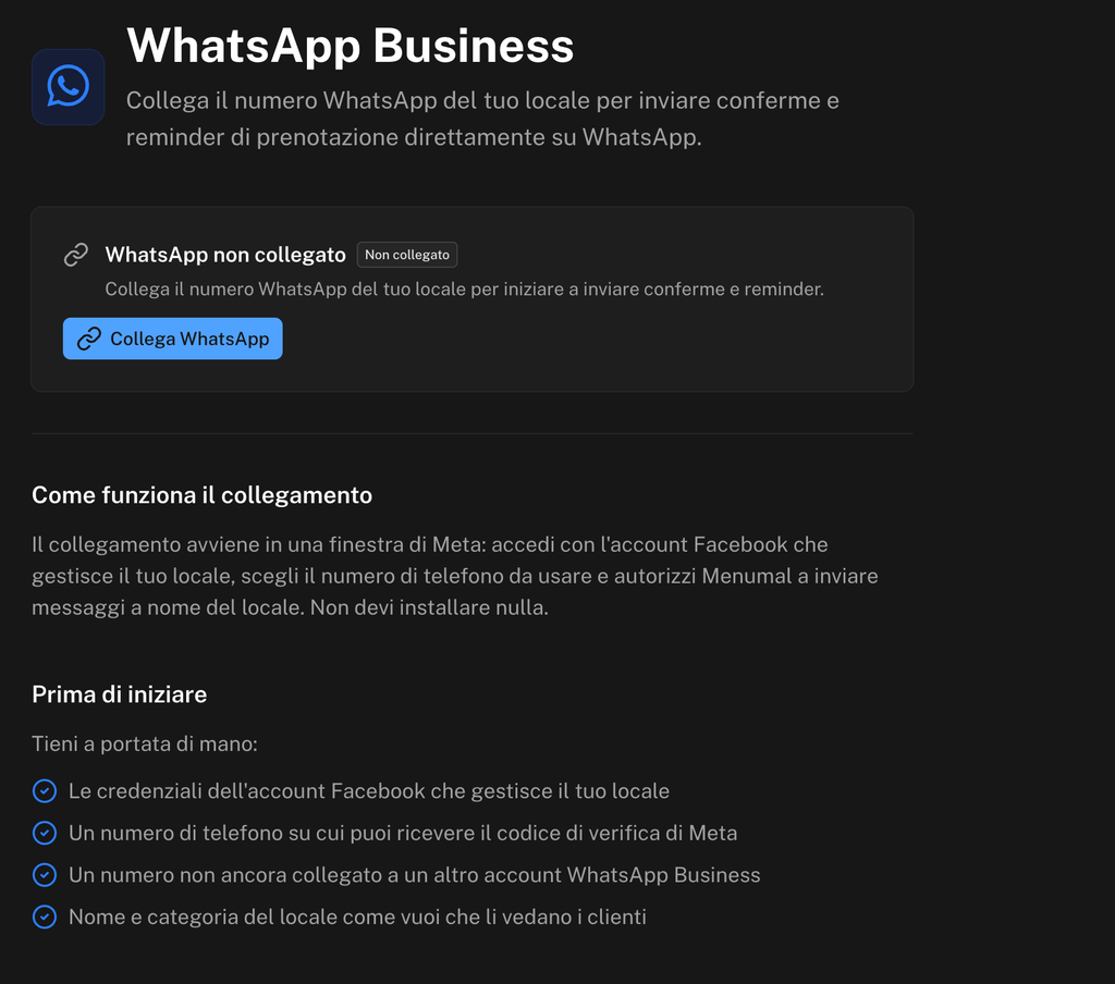 Pagina WhatsApp Business con lo stato WhatsApp non collegato, il pulsante Collega WhatsApp e la guida Prima di iniziare