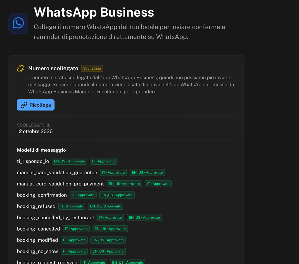 Pagina WhatsApp Business con lo stato Numero scollegato, la data di scollegamento e il pulsante Ricollega
