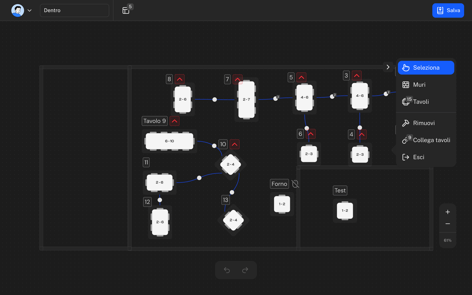 Editor della mappa con la toolbar degli strumenti, i tavoli con la loro capienza e i collegamenti tra tavoli
