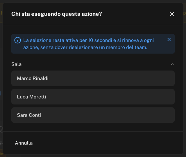 Finestra Chi sta eseguendo questa azione con l'elenco dei membri della crew