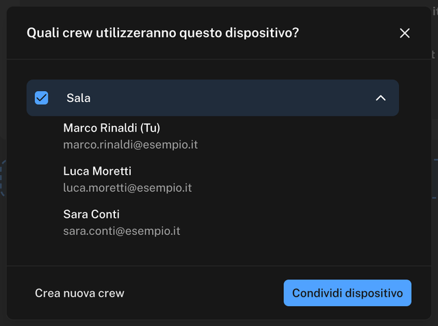 Finestra Quali crew utilizzeranno questo dispositivo con la crew Sala selezionata e il pulsante Condividi dispositivo
