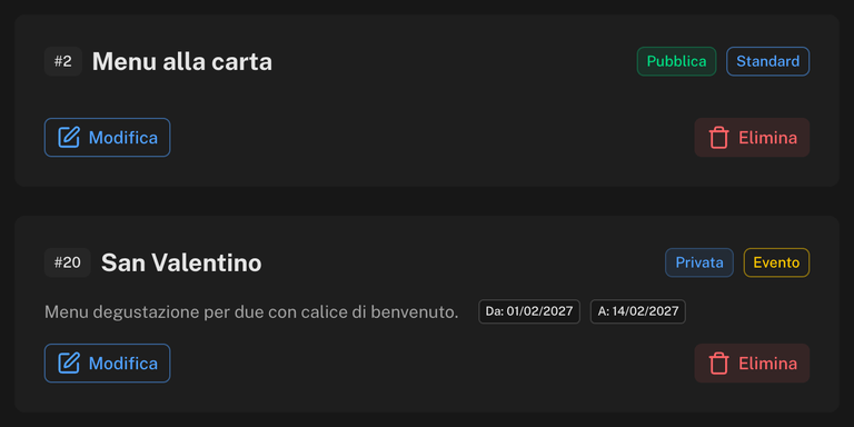 Card di due experience: una Pubblica e Standard con la posizione #10, l'altra Privata ed Evento con le date Da e A