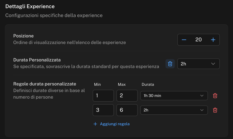 Sezione Dettagli Experience con la posizione, la durata personalizzata di 2 ore e due regole di durata per numero di persone