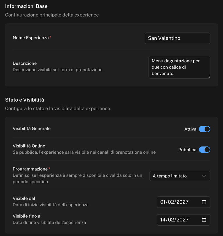 Sezioni Informazioni Base e Stato e Visibilità con il nome, la descrizione, la visibilità Attiva e Pubblica e la programmazione A tempo limitato con le due date