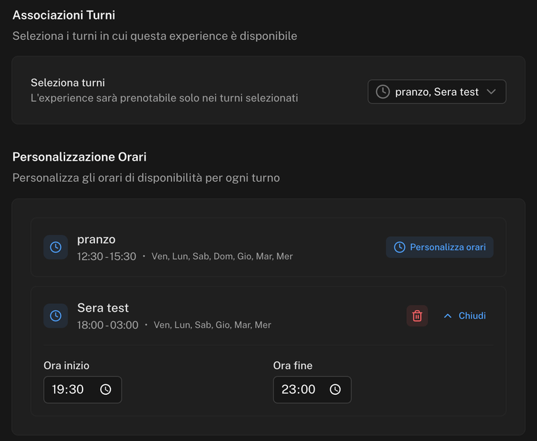 Sezioni Associazioni Turni con due turni selezionati e Personalizzazione Orari con gli orari personalizzati aperti su un turno