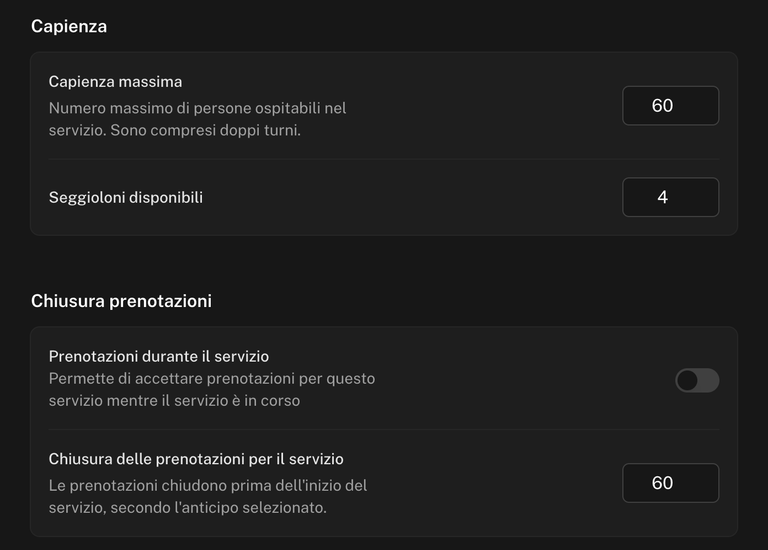 Sezioni Capienza e Chiusura prenotazioni con capienza massima, seggioloni disponibili e chiusura delle prenotazioni per il servizio