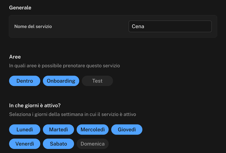 Prime sezioni del form Nuovo turno: nome del servizio, aree selezionate e giorni della settimana