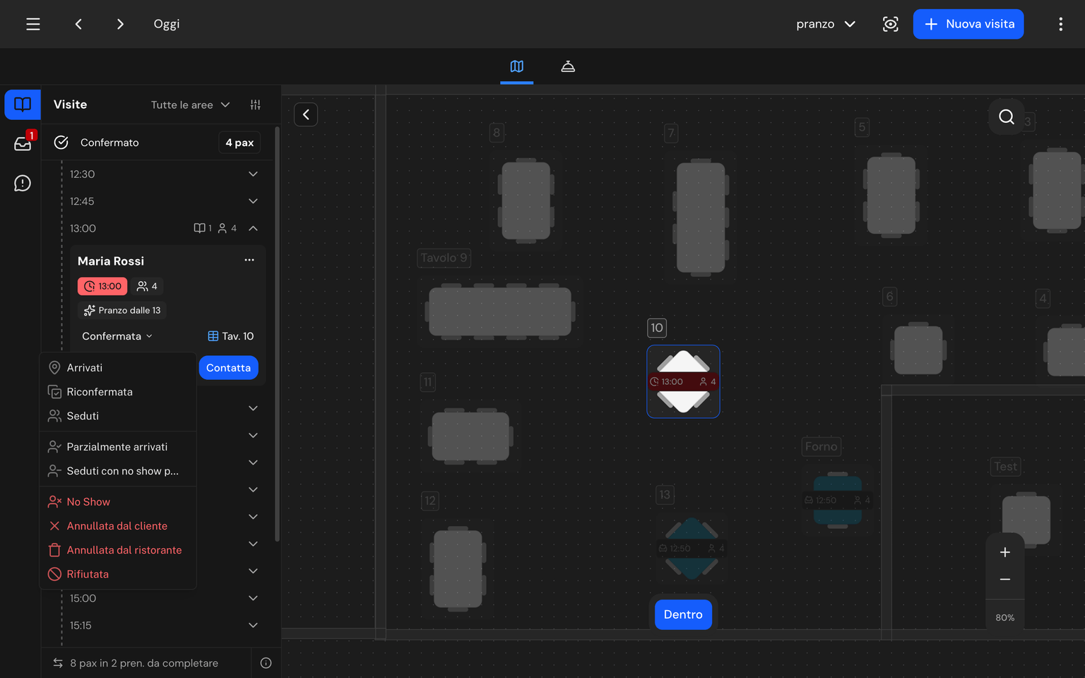 Screenshot: dropdown degli stati con le opzioni Arrivati, Riconfermata, Seduti, Parzialmente arrivati, No Show e le azioni di annullamento