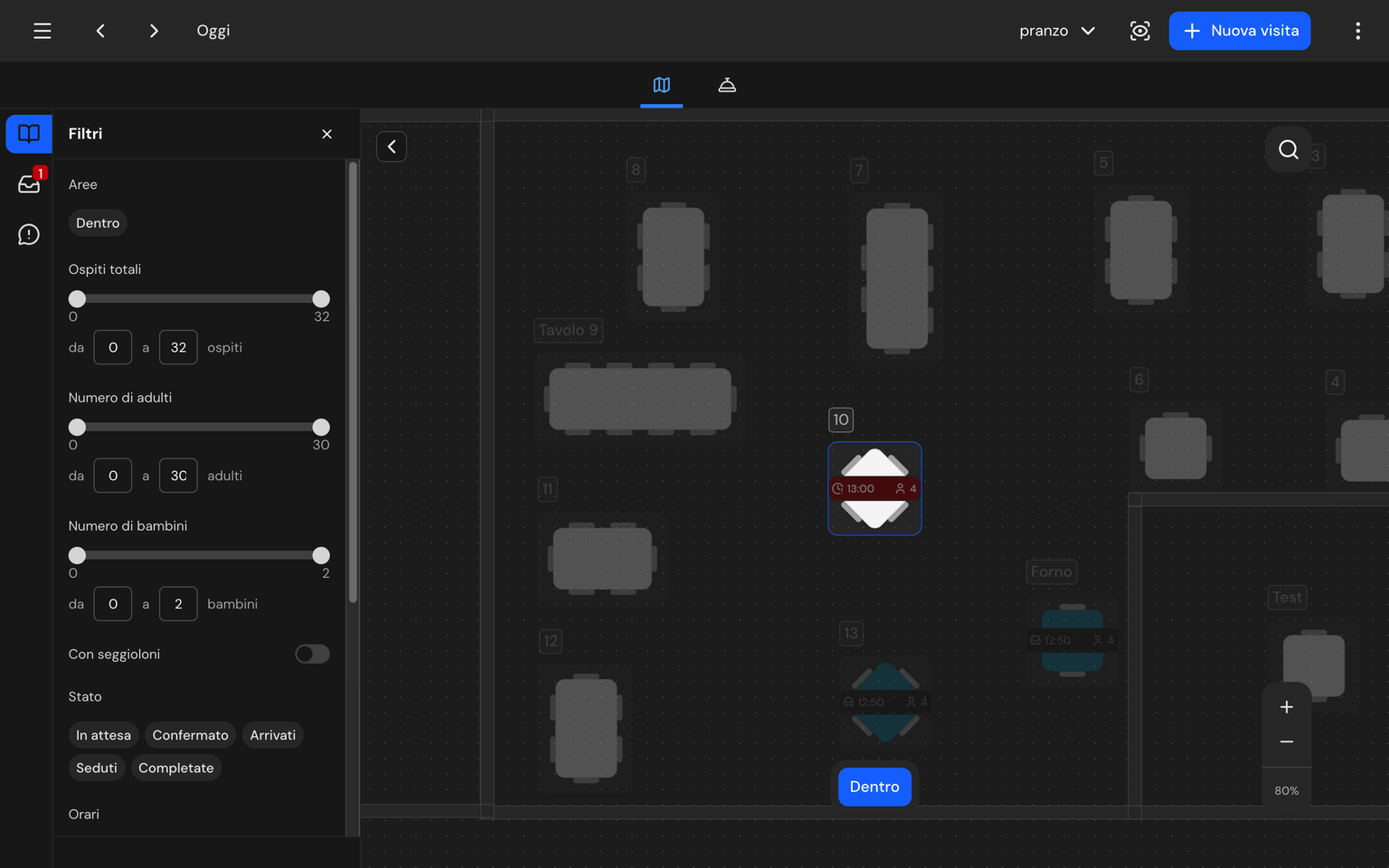 Screenshot: pannello filtri con aree, range ospiti, adulti e bambini, toggle seggioloni e chip degli stati