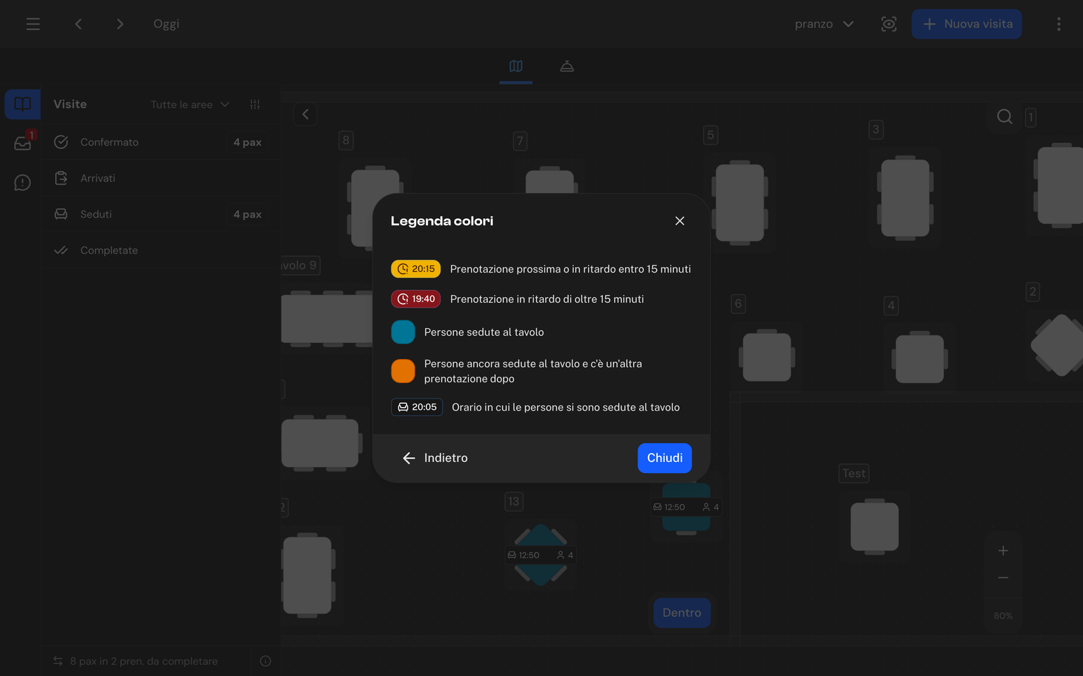 Screenshot: modale Legenda colori con i badge di ritardo giallo e rosso, i colori tavolo ciano e ambra e il badge orario di seduta