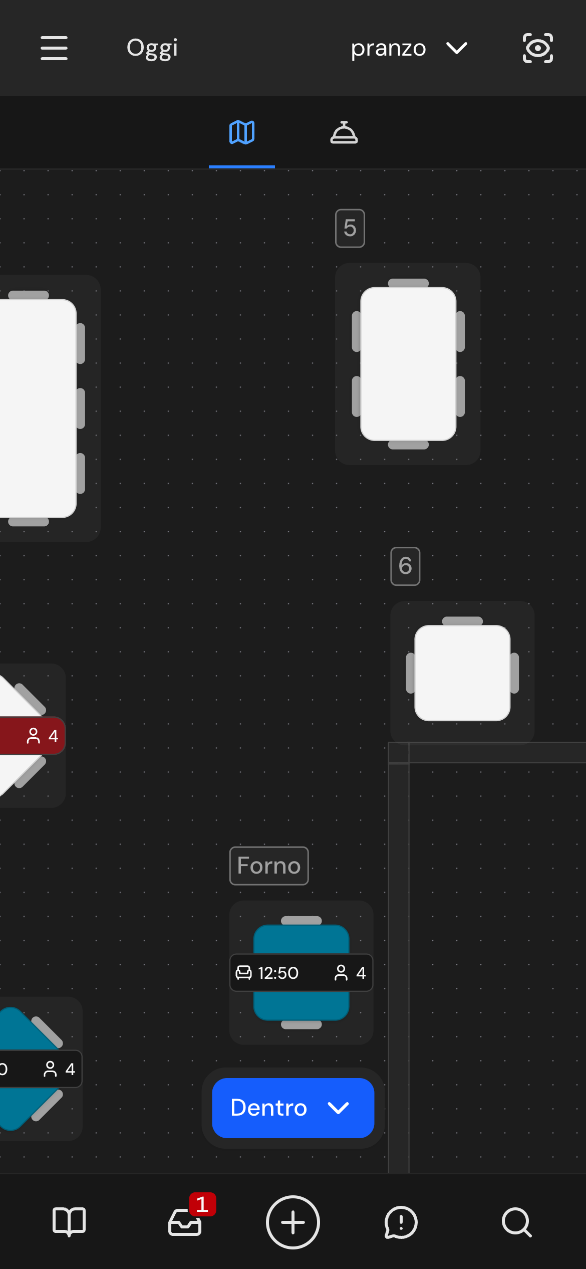 Screenshot: Floormap su smartphone con mappa a schermo intero, selettore area e barra inferiore con i tasti Visite, Inbox, Nuova visita, Avvisi e Ricerca
