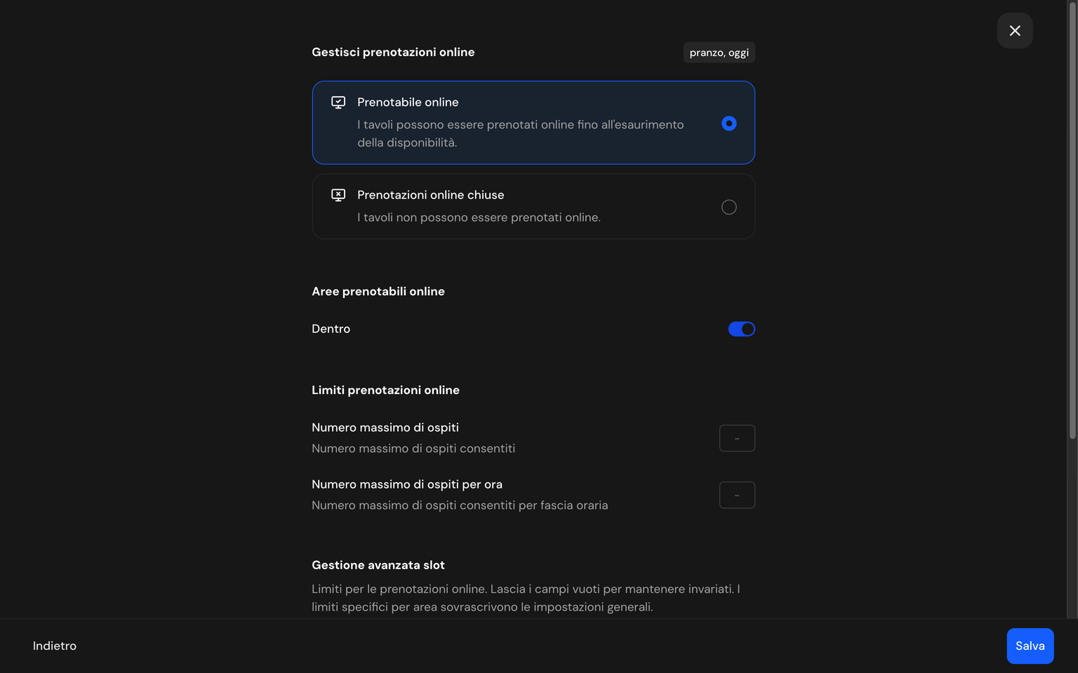 Screenshot: pannello Gestisci prenotazioni online con lo stato Prenotabile/Chiuse, i toggle per area, i limiti ospiti e il campo note
