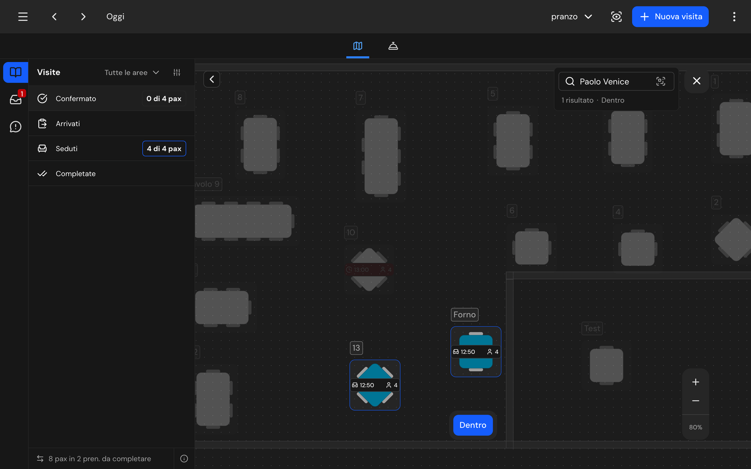 Screenshot: mappa con ricerca attiva - i tavoli del cliente cercato restano evidenziati mentre il resto della sala è attenuato