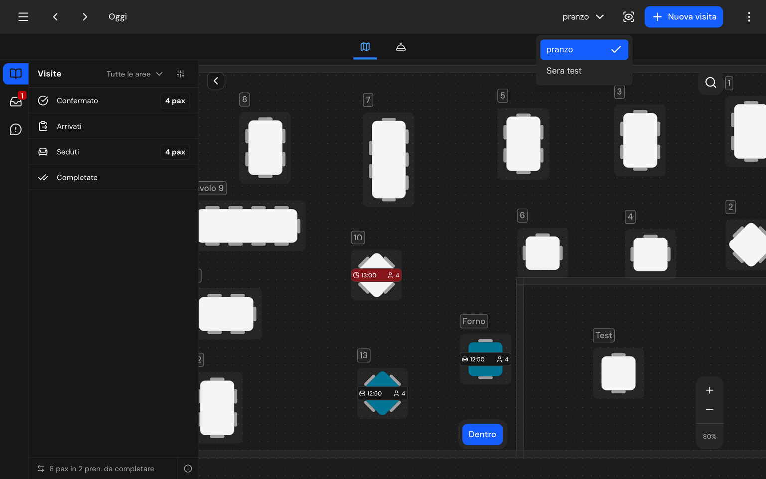 Screenshot: menu a tendina del selettore servizio con i turni disponibili