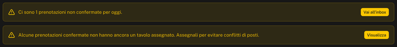 Avvisi delle prenotazioni non confermate e delle prenotazioni senza tavolo, con i pulsanti Vai all'inbox e Visualizza