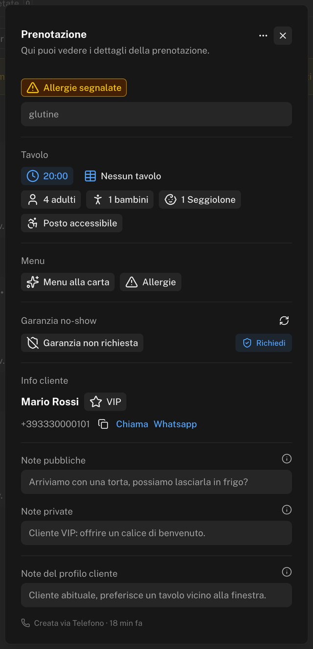 Dettaglio di una prenotazione con allergie, orario e tavolo, coperti, menu, la sezione Garanzia no-show con l'indicazione Garanzia non richiesta e il pulsante Richiedi, informazioni del cliente e note