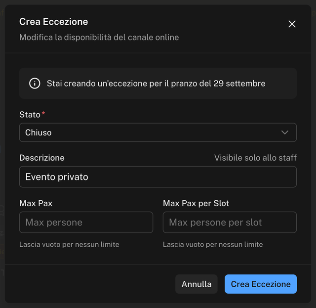 Finestra Crea Eccezione con l'avviso sul turno e sulla data, lo Stato Chiuso, la Descrizione Evento privato e i campi Max Pax e Max Pax per Slot vuoti
