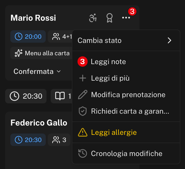 Menu ⋯ aperto su una card, con le azioni sulla prenotazione. Le voci più lunghe sono abbreviate a schermo