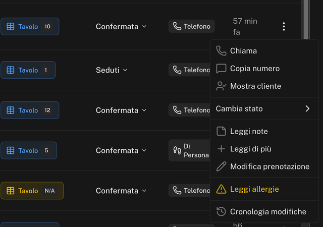 Menu della riga aperto con Chiama, Copia numero, Mostra cliente, Cambia stato, Leggi di più, Modifica prenotazione e Cronologia modifiche