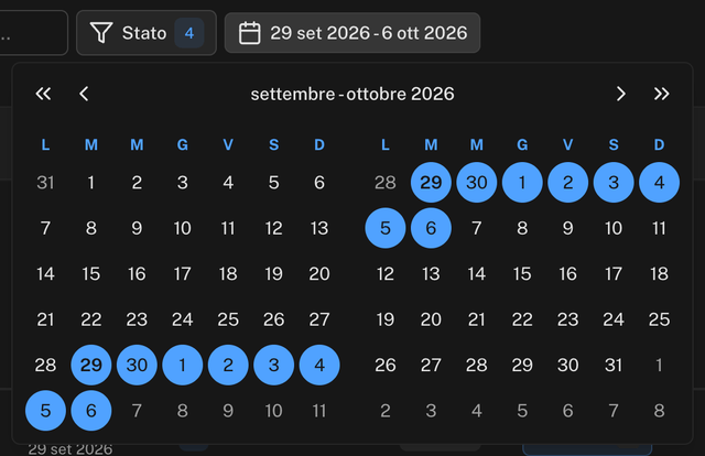 Calendario a due mesi aperto per scegliere il giorno di inizio e il giorno di fine