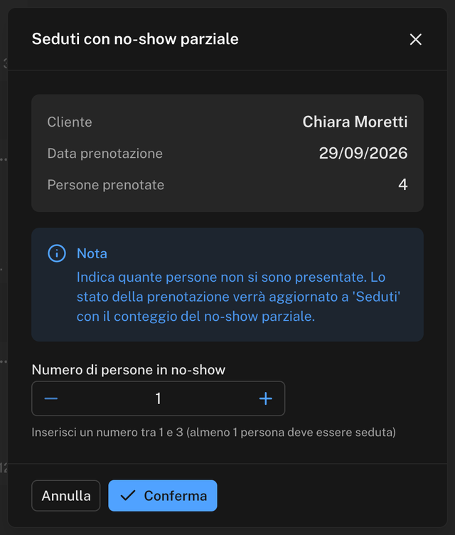 Finestra Seduti con no-show parziale con i dati della prenotazione, una nota e il campo Numero di persone in no-show