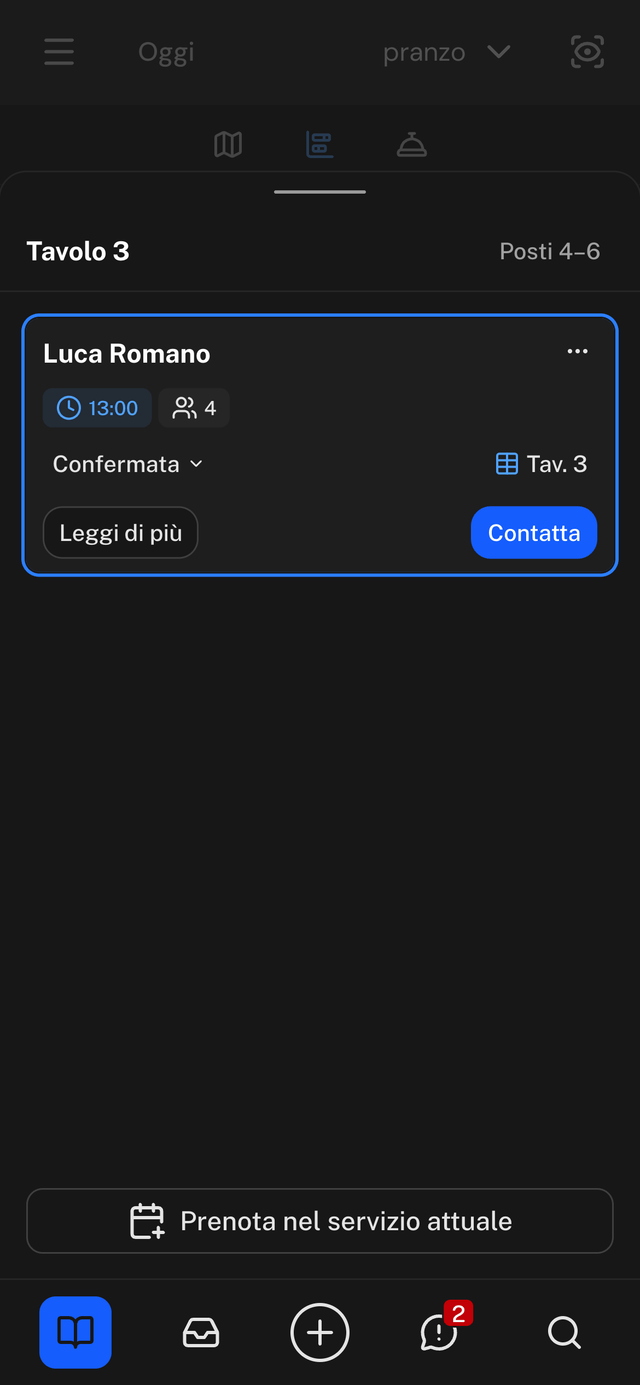 Scheda del tavolo 3 aperta dal basso su smartphone con la prenotazione di Luca Romano e i pulsanti Leggi di più e Contatta